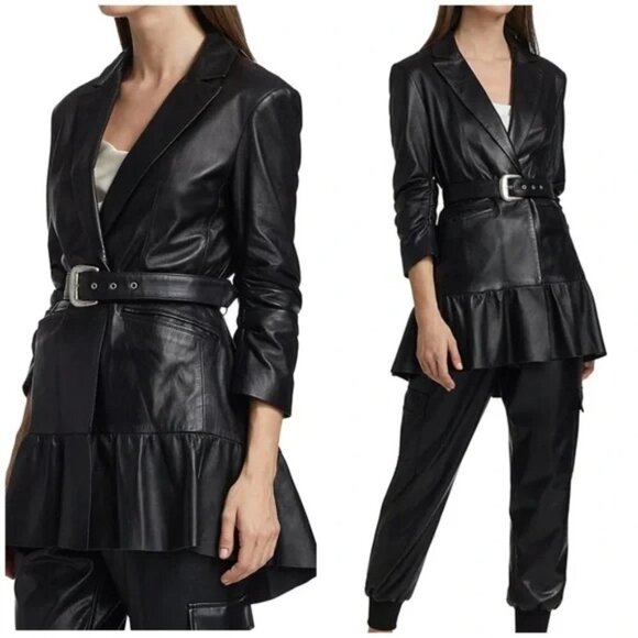 🖤 Cinq a Sept Black Genuine Leather Skirted Ruffle Peplum Belted Blazer Jacket - Picture 3 of 13